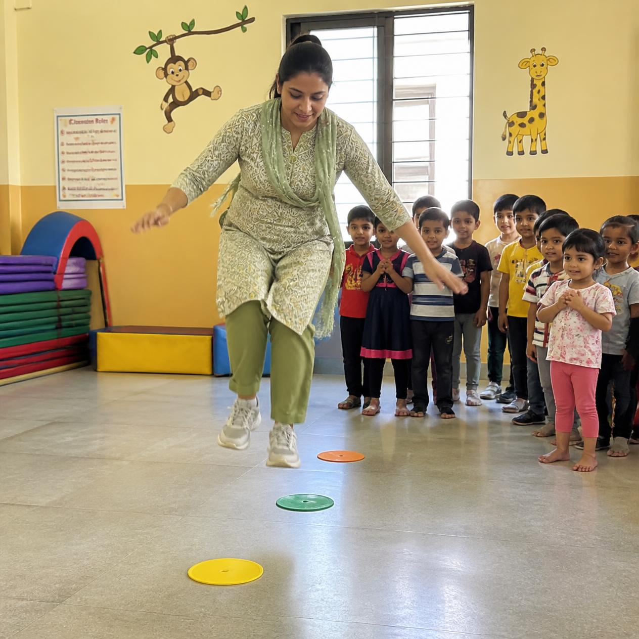 Teacher leading preschoolers through a jumping and coordination activity